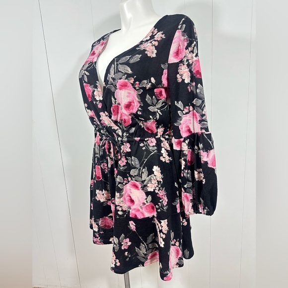 NWT Maurices Sz L Double Breast Floral Knit Mini Dress Long Balloon Sleeve VNeck - Picture 4 of 13